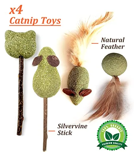 (12Pack) Catnip Toys, Silvervine Cat Toy, Cat Toys for Indoor Cats, Silvervine Sticks,Catnip Balls, Cat Nip Mice,Silver Vine Organic Chew Toys, Kitten Teething Toys,Interactive Plush Feather Kicker