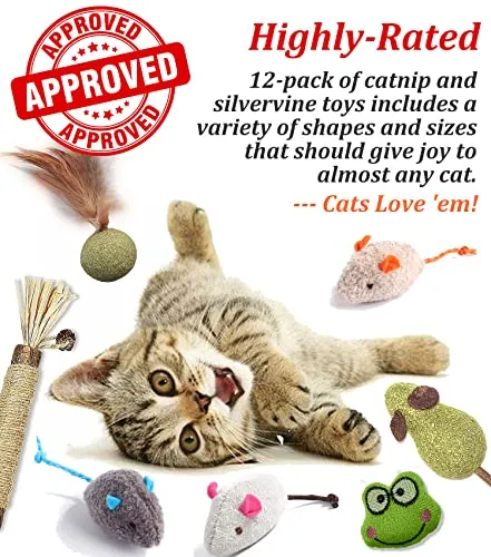 (12Pack) Catnip Toys, Silvervine Cat Toy, Cat Toys for Indoor Cats, Silvervine Sticks,Catnip Balls, Cat Nip Mice,Silver Vine Organic Chew Toys, Kitten Teething Toys,Interactive Plush Feather Kicker