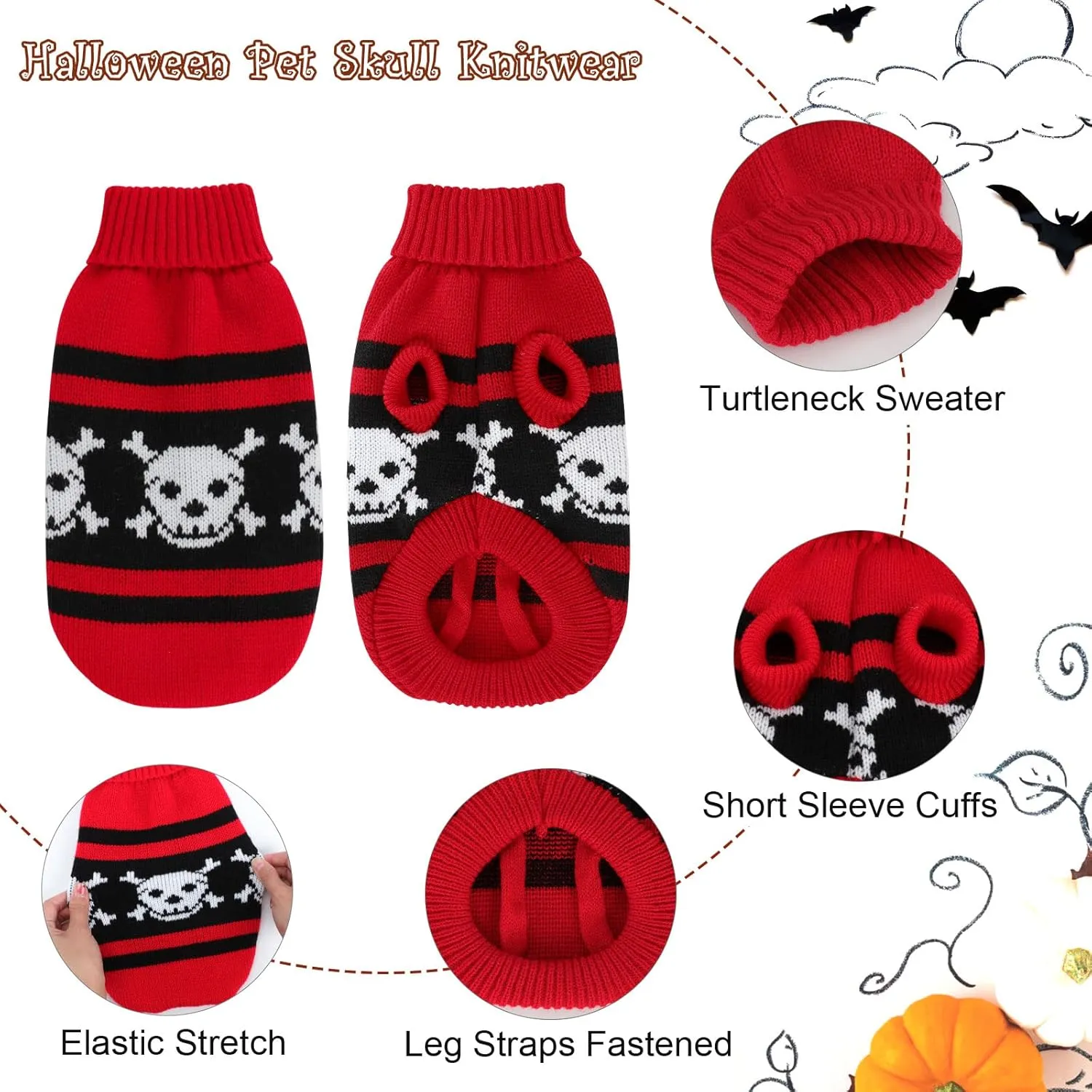 2 Packs Halloween Cat Sweater Turtleneck Knitted Pumpkin Sweaters for Cats Only Kitten Kitty Skull Sweater Warm Winter Knit Pullover Knitwear Puppy Small Dogs