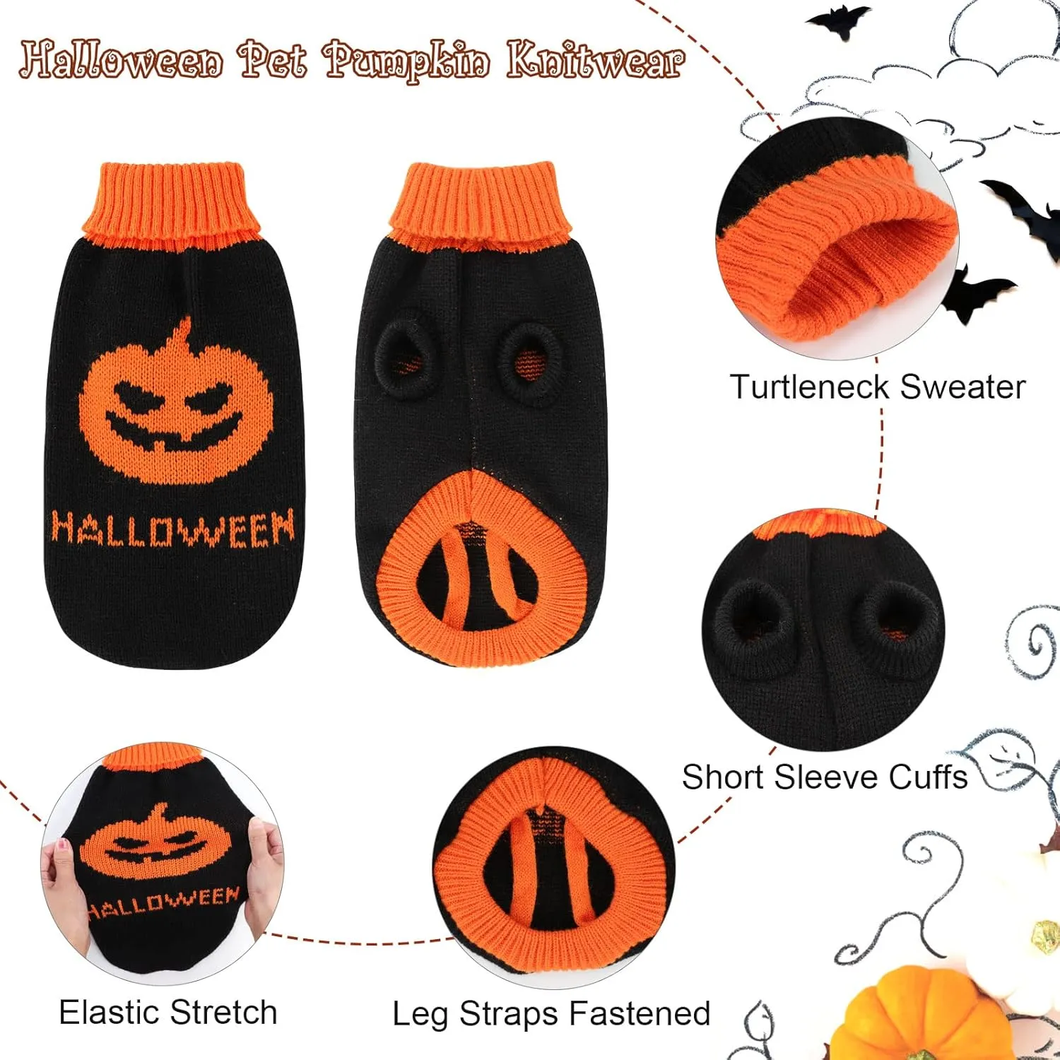 2 Packs Halloween Cat Sweater Turtleneck Knitted Pumpkin Sweaters for Cats Only Kitten Kitty Skull Sweater Warm Winter Knit Pullover Knitwear Puppy Small Dogs