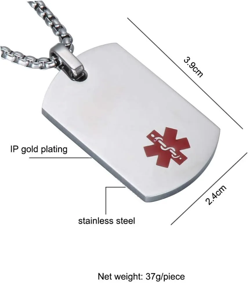 20 to 28 Inches Men's Medical Alert ID Necklace Dog Tags Free Engraving Stainless Steel Chain