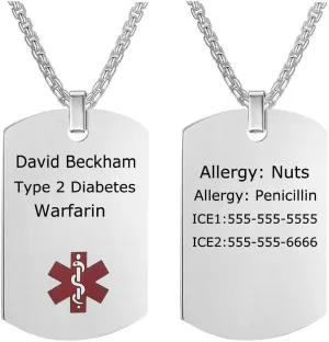 20 to 28 Inches Men's Medical Alert ID Necklace Dog Tags Free Engraving Stainless Steel Chain