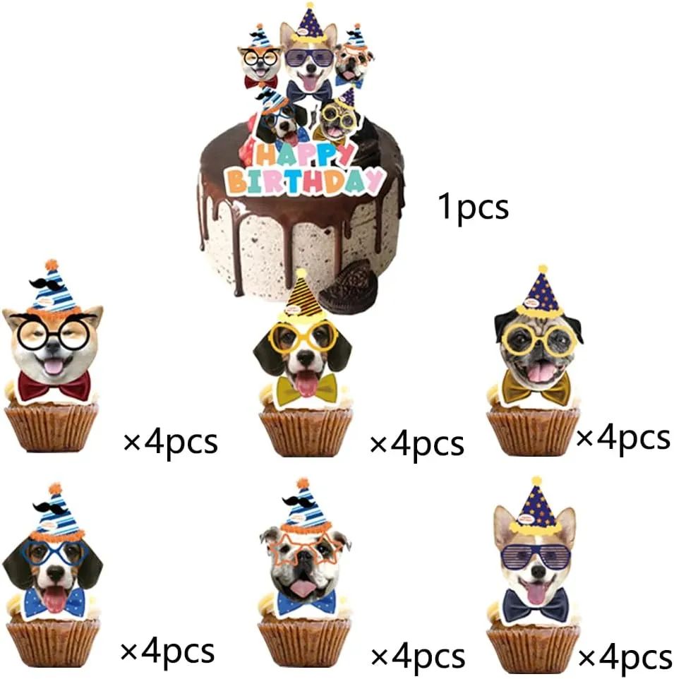 25pcs Pet Dog Birthday Party Supplies,Pet Dog Party Cupcake Toppers for Kids Gift Birthday Party Favors Kid's Birthday cake Decoration Supplies