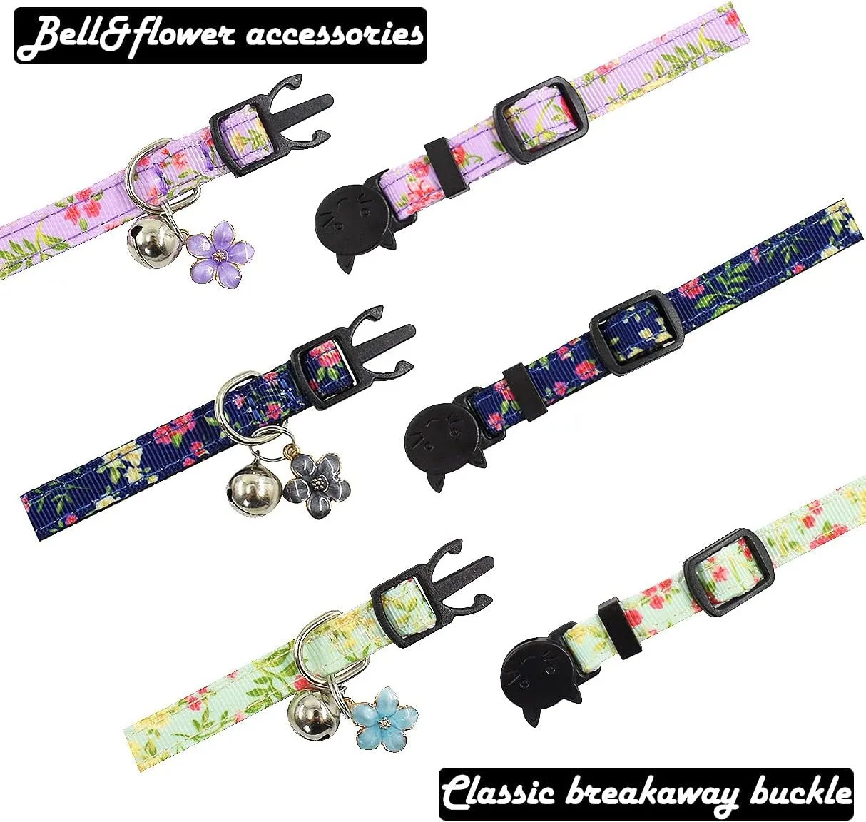 3 Pack Breakaway Cat Collars with Bell and Accessories, Flower Pattern Adjustable Cute Kitten Collars Floral for Kitty Puppy 7.5-11in