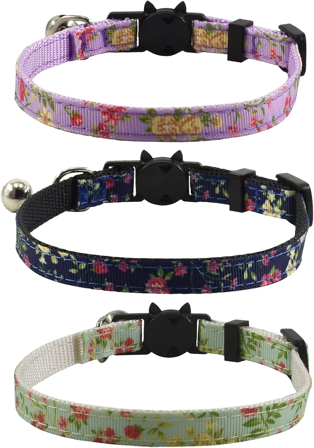 3 Pack Breakaway Cat Collars with Bell and Accessories, Flower Pattern Adjustable Cute Kitten Collars Floral for Kitty Puppy 7.5-11in