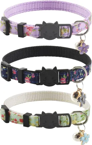 3 Pack Breakaway Cat Collars with Bell and Accessories, Flower Pattern Adjustable Cute Kitten Collars Floral for Kitty Puppy 7.5-11in