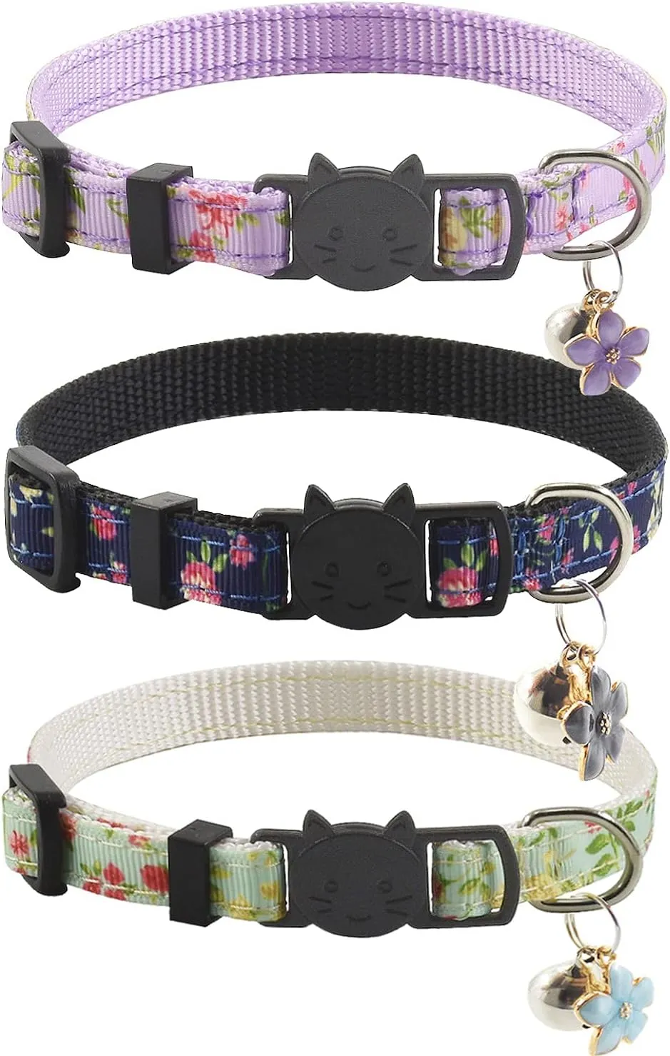 3 Pack Breakaway Cat Collars with Bell and Accessories, Flower Pattern Adjustable Cute Kitten Collars Floral for Kitty Puppy 7.5-11in