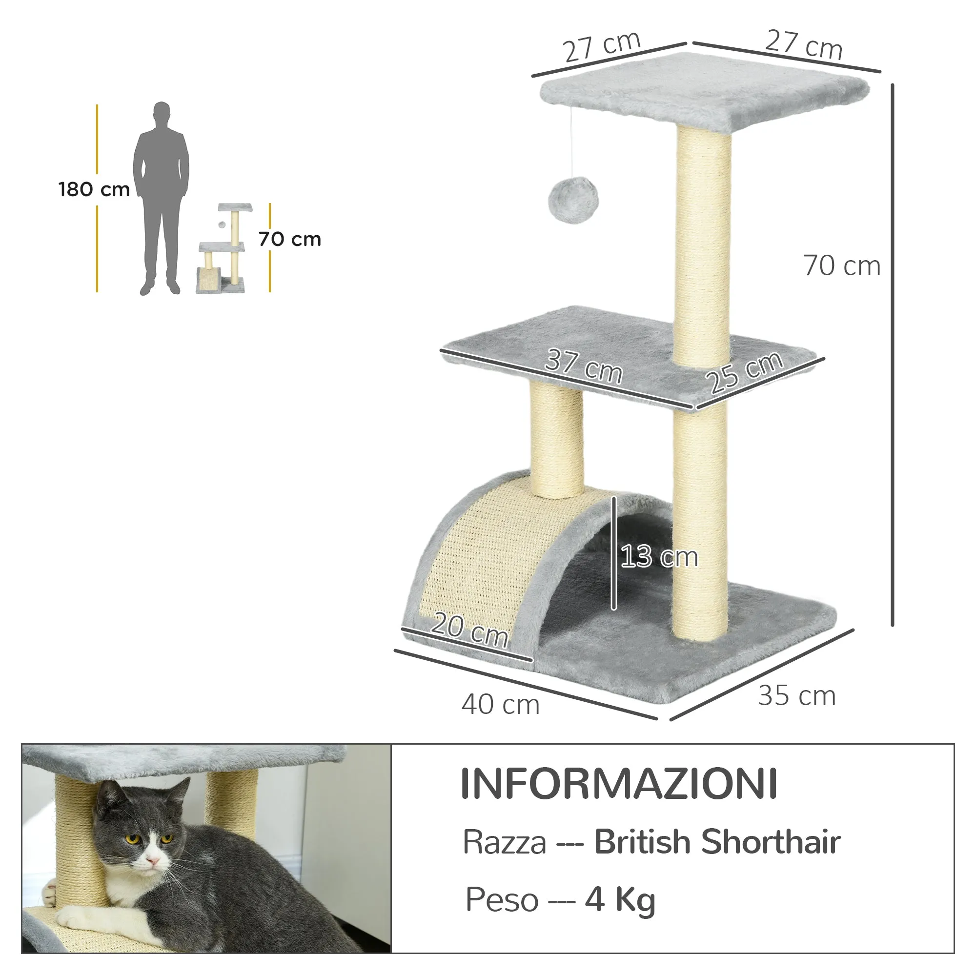 3-Tier Cat Tree with Scratching Post, Plush and Sisal, 40x35x72 cm, Light Gray