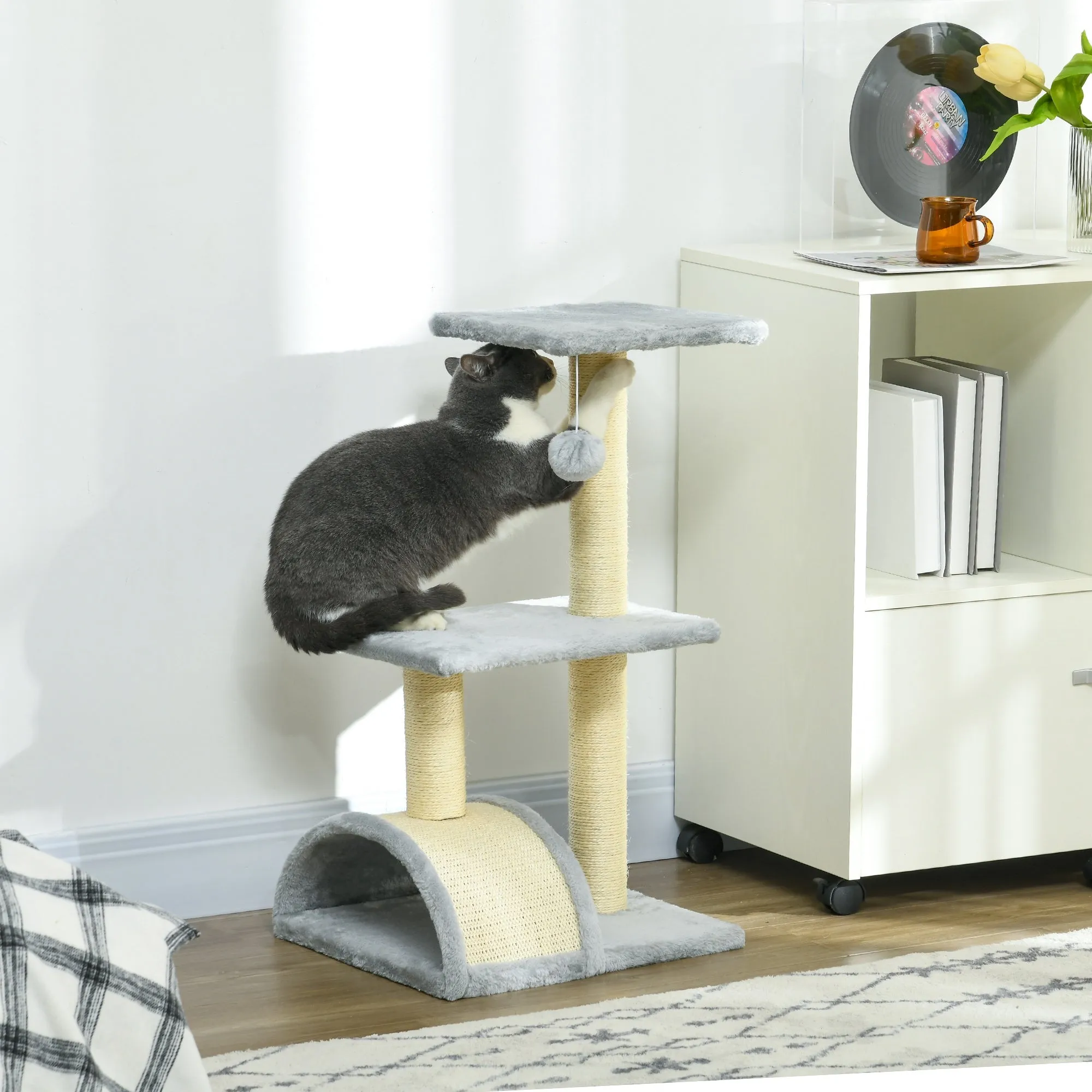 3-Tier Cat Tree with Scratching Post, Plush and Sisal, 40x35x72 cm, Light Gray