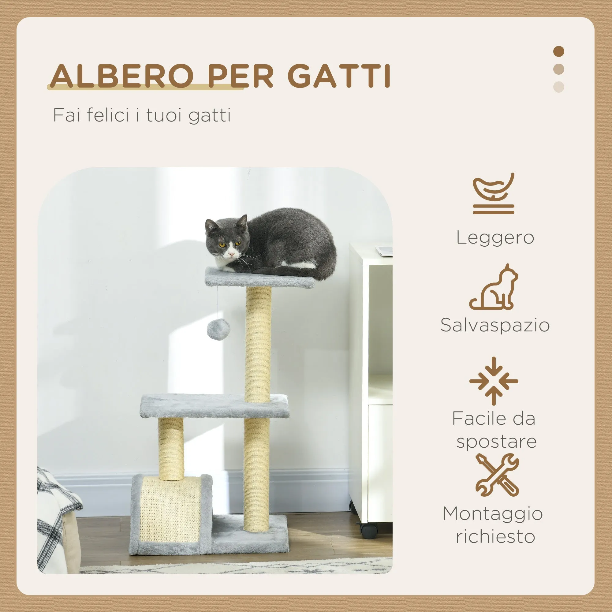 3-Tier Cat Tree with Scratching Post, Plush and Sisal, 40x35x72 cm, Light Gray