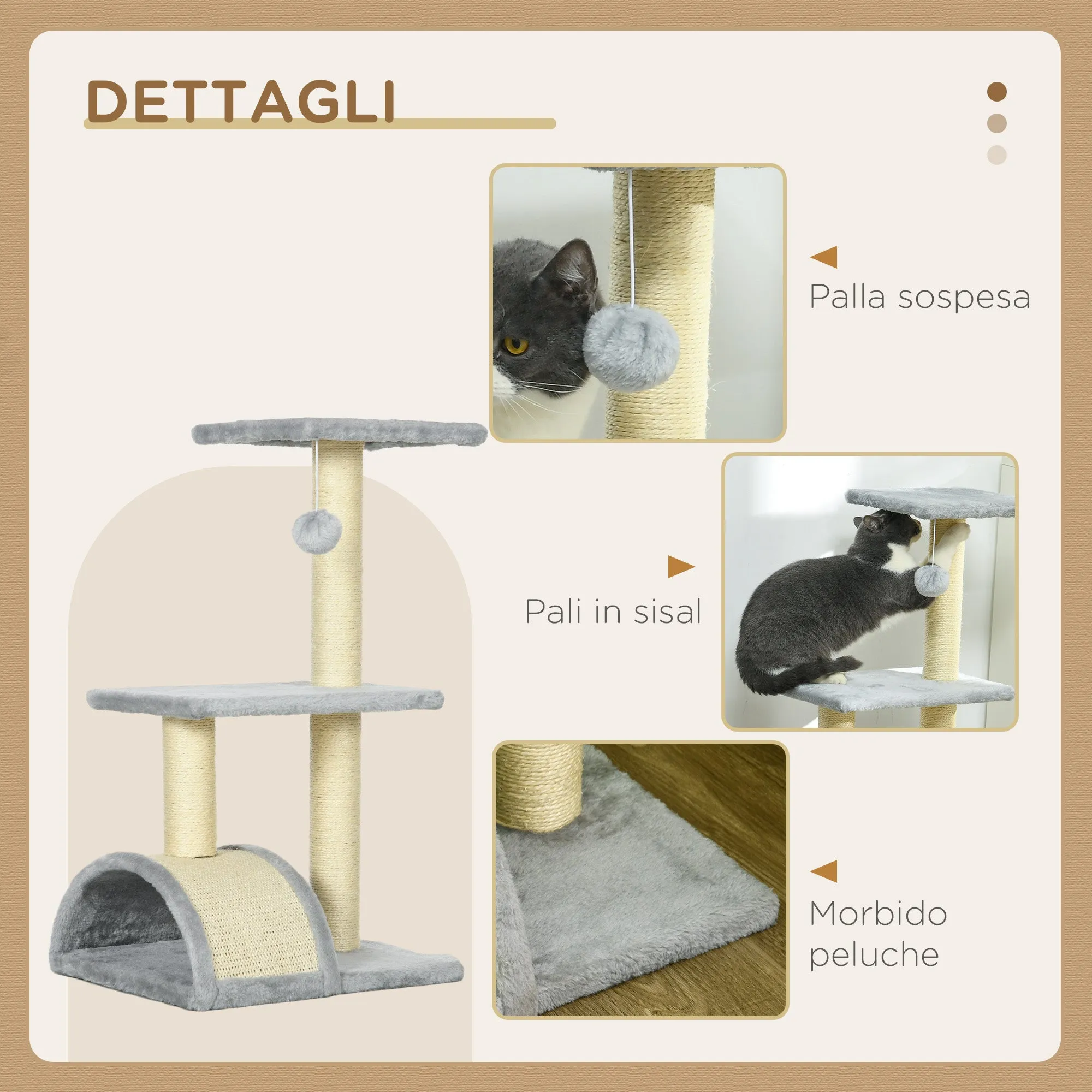 3-Tier Cat Tree with Scratching Post, Plush and Sisal, 40x35x72 cm, Light Gray
