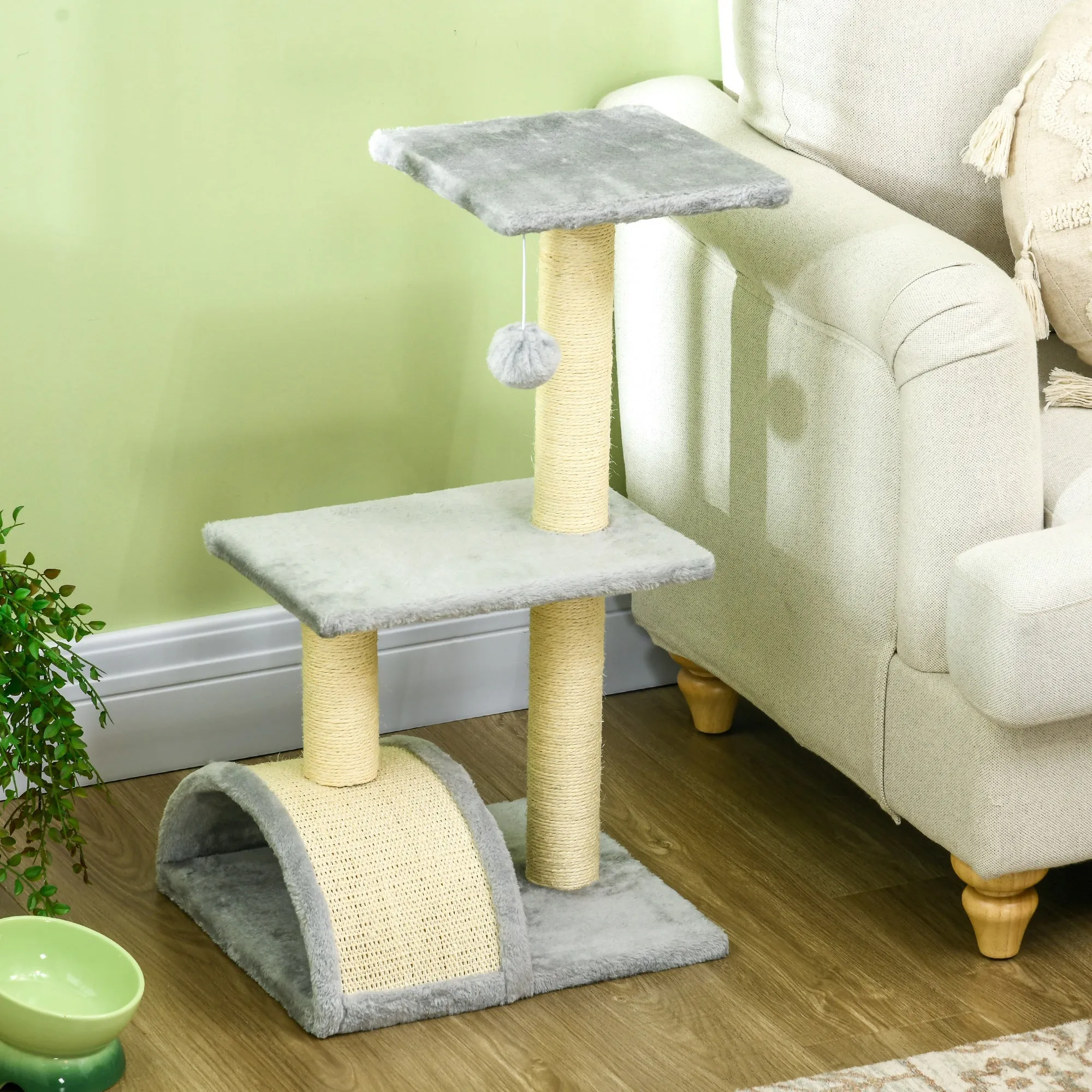 3-Tier Cat Tree with Scratching Post, Plush and Sisal, 40x35x72 cm, Light Gray