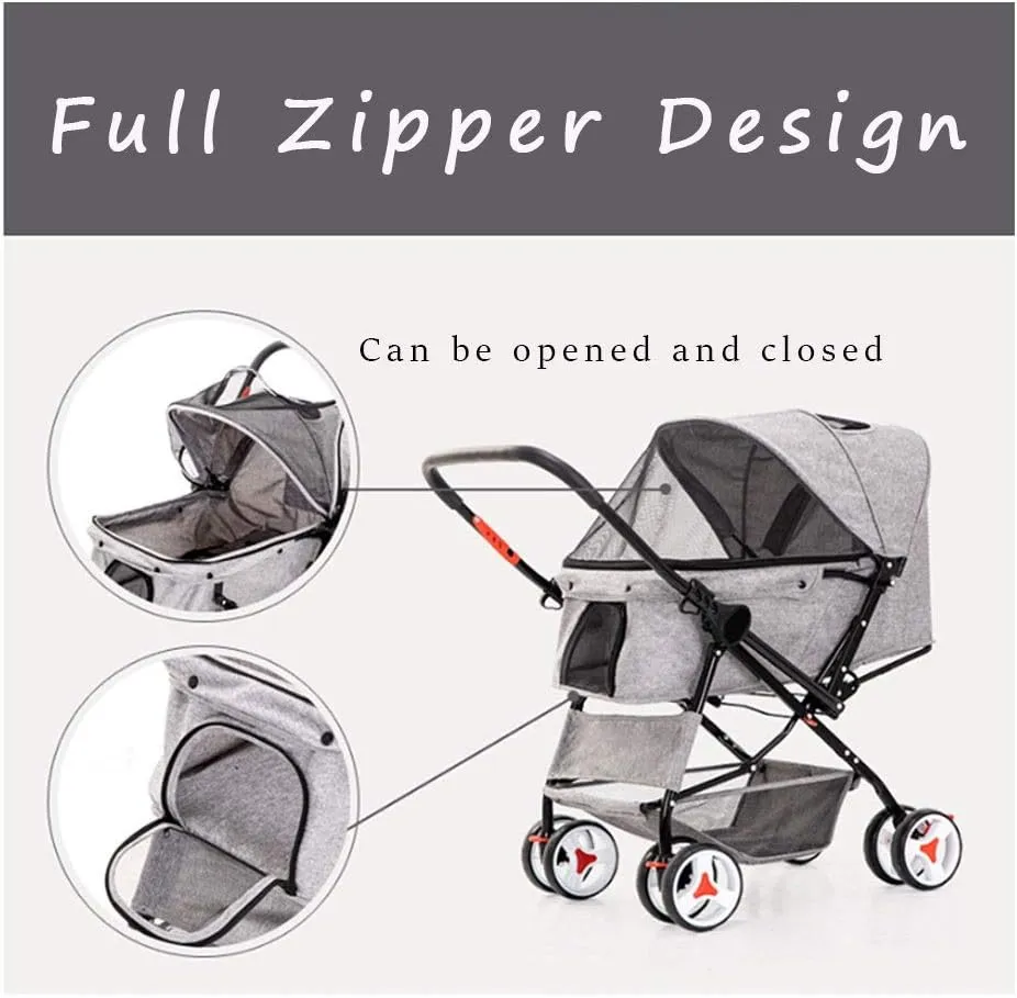 4 Wheel Dog Strollers for Medium Small Dogs Cat/Dog Stroller Cheap Easy One-Hand Fold Reversible Push Handle Pet Stroller Puppy & Kitten Carrier (Grey)