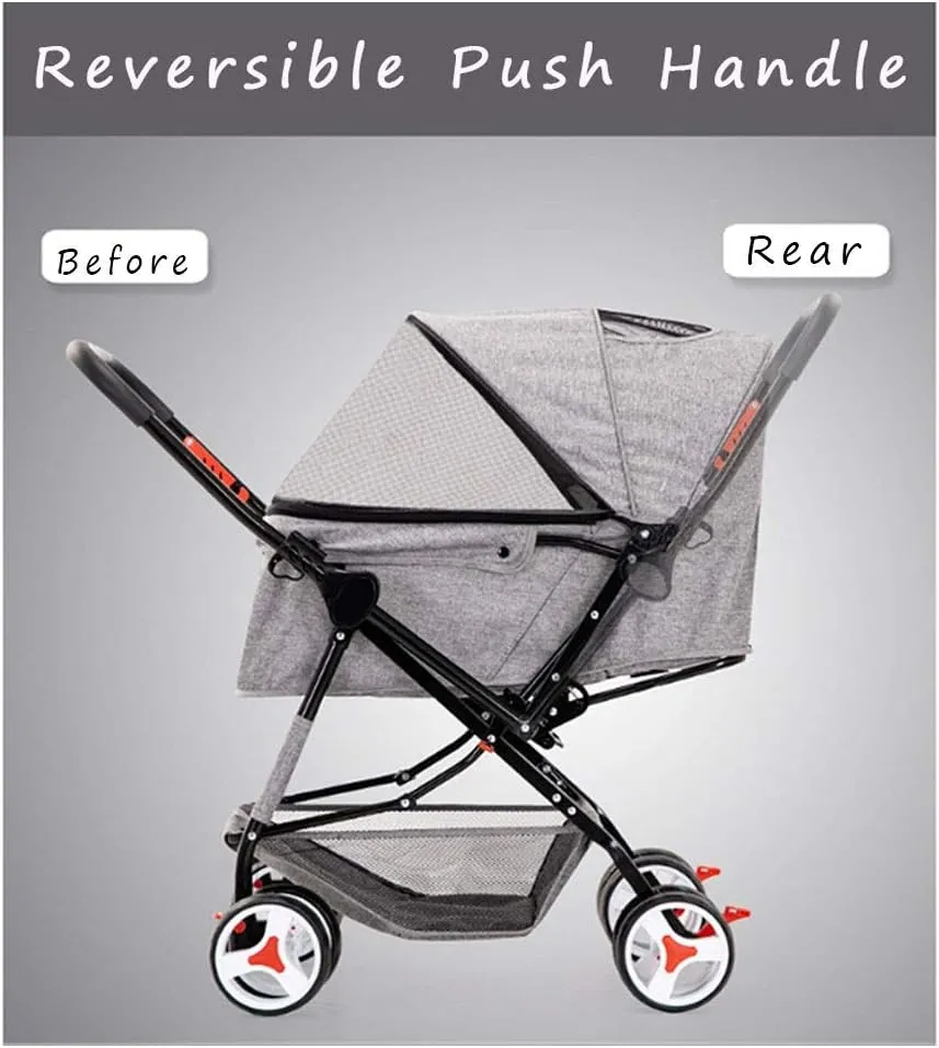 4 Wheel Dog Strollers for Medium Small Dogs Cat/Dog Stroller Cheap Easy One-Hand Fold Reversible Push Handle Pet Stroller Puppy & Kitten Carrier (Grey)