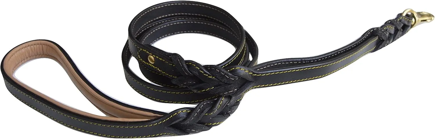 6 Foot Braided Leather Dog Leash with Traffic Handle, Two Handles for Training and Safety, Double your Control with 2 Locations, Lead for Large and Medium Dogs,Black 6ft x 3/4 Inch