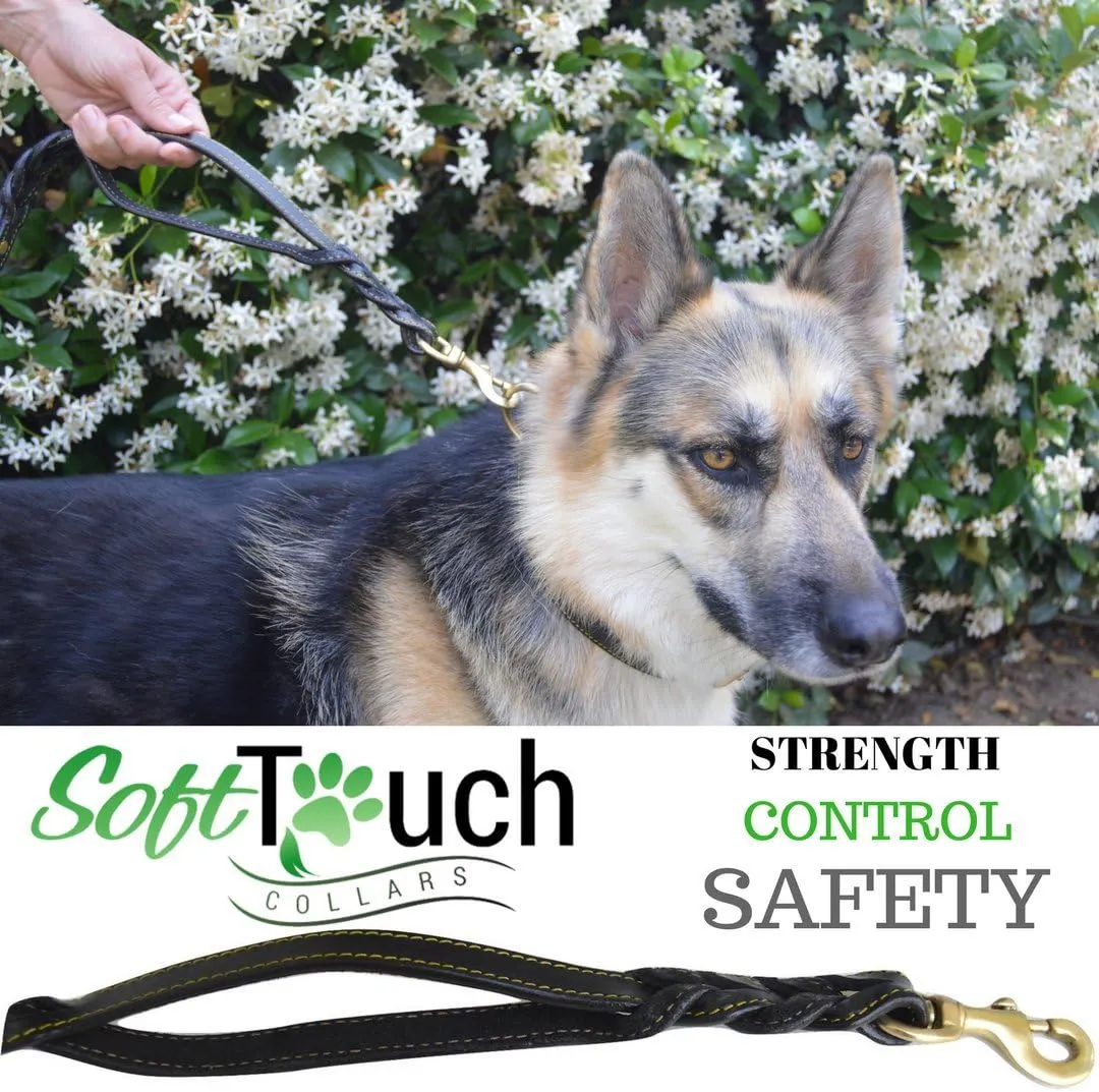 6 Foot Braided Leather Dog Leash with Traffic Handle, Two Handles for Training and Safety, Double your Control with 2 Locations, Lead for Large and Medium Dogs,Black 6ft x 3/4 Inch