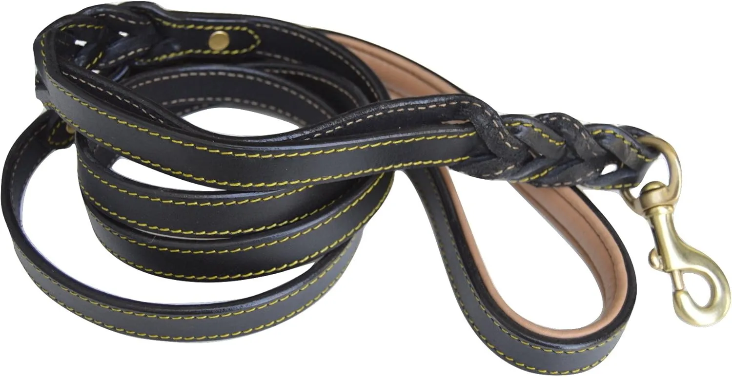 6 Foot Braided Leather Dog Leash with Traffic Handle, Two Handles for Training and Safety, Double your Control with 2 Locations, Lead for Large and Medium Dogs,Black 6ft x 3/4 Inch