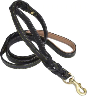 6 Foot Braided Leather Dog Leash with Traffic Handle, Two Handles for Training and Safety, Double your Control with 2 Locations, Lead for Large and Medium Dogs,Black 6ft x 3/4 Inch