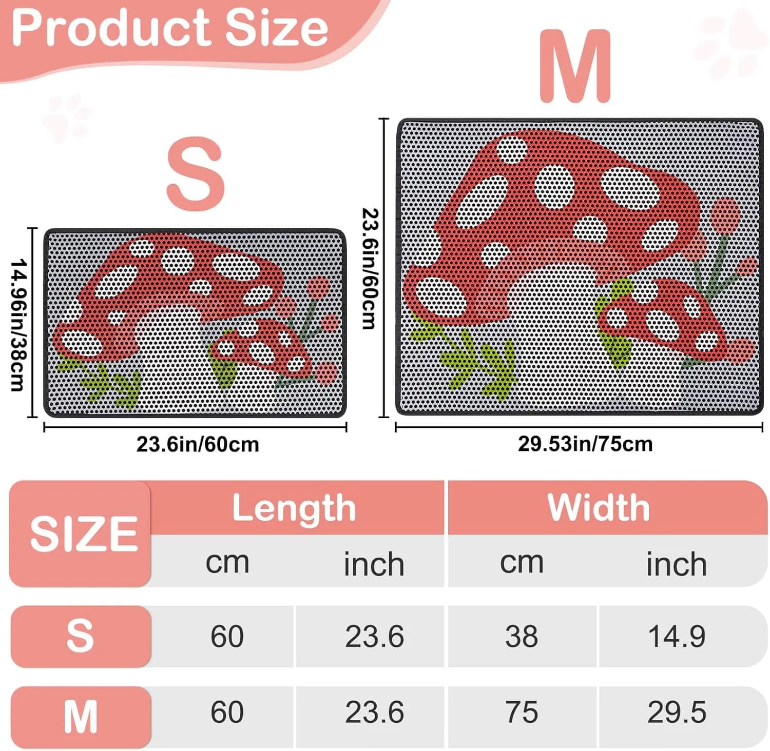 Bienbee Cat Litter Mat, 30"x24" Cat Litter Trapping Mat, Double Layer Litter Mat with Non-Slip Rubber Bottom, Urine and Water Proof, Keeps Floors Clean Mushroom L