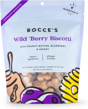 Bocce's Bakery All-Natural, Small Batch, Organic Dog Treats, Wild 'Berry Biscotti Biscuits, Wheat-Free, Limited-Ingredient, Made in The USA with 100% Recyclable Packaging, 12 oz Bag
