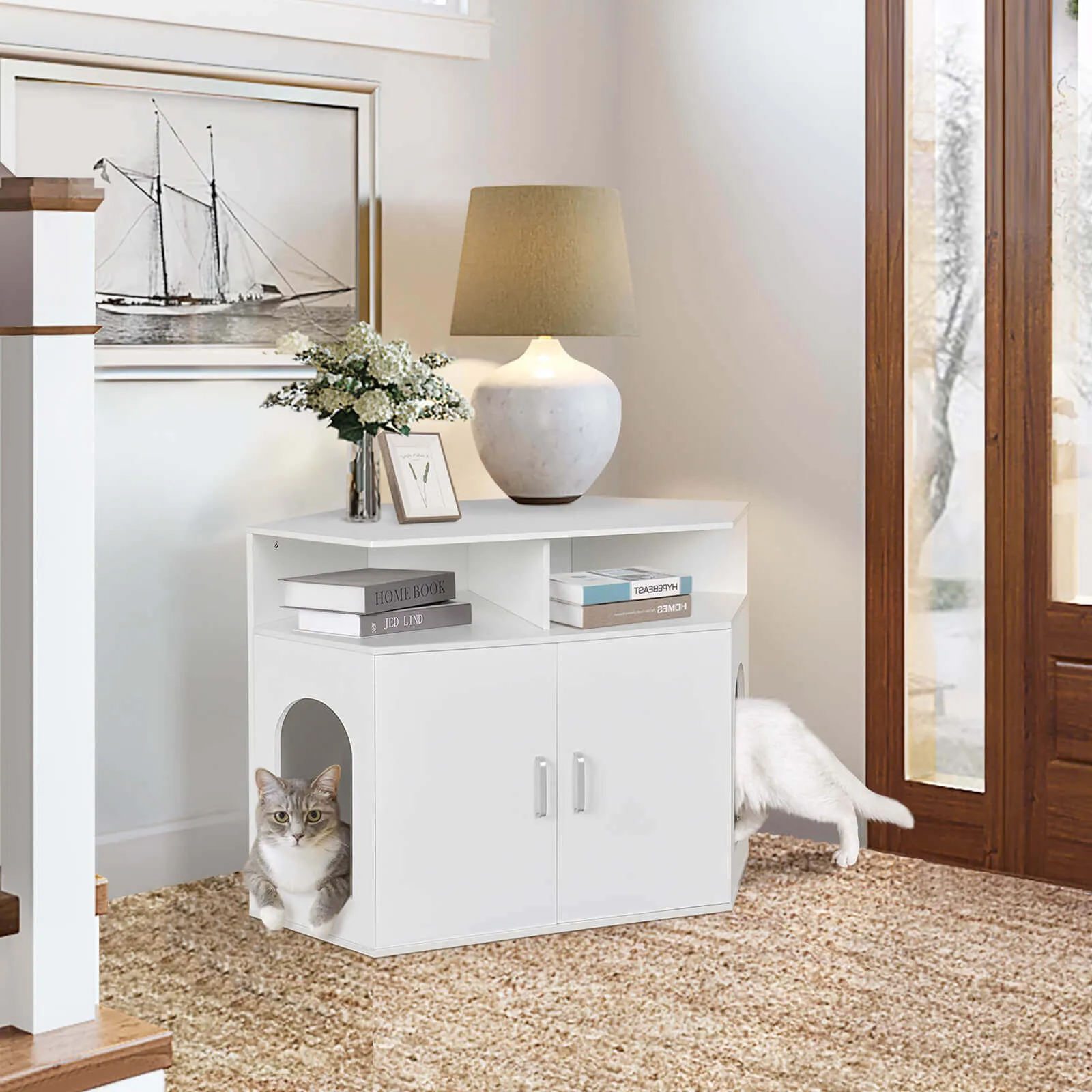 Cat Box Cabinet with Double Doors and Open Shelf PF003