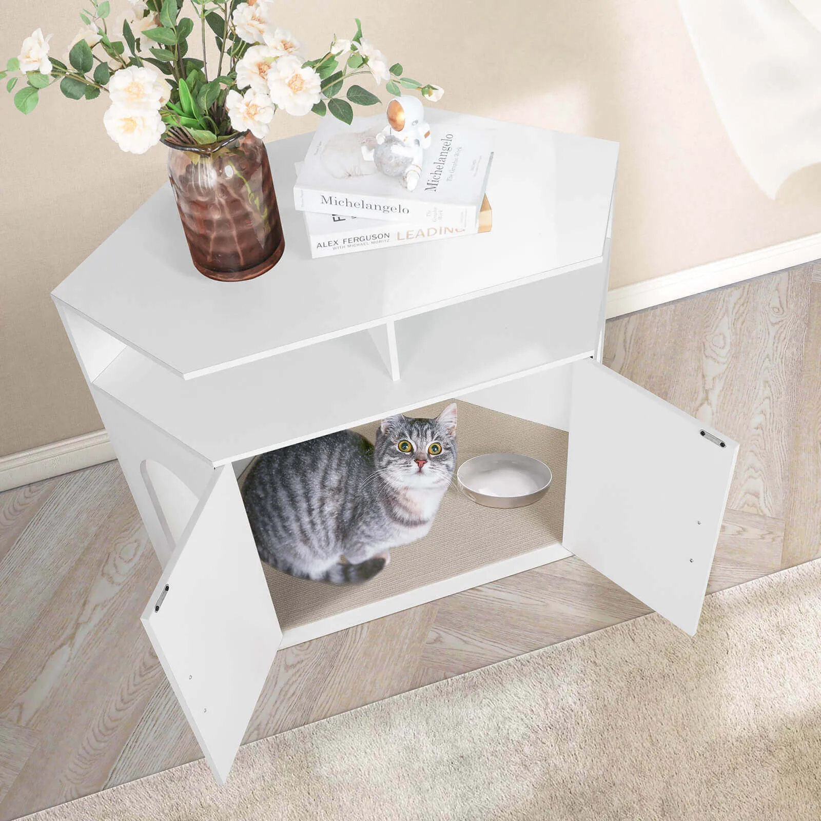 Cat Box Cabinet with Double Doors and Open Shelf PF003
