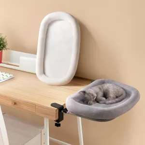 Cat Desk Bed, Cat Desk Perch with 2 Replaceable Covers,90 Foldable Faux Fur Fabric Soft Cover, Steel Frame Supports 25 lbs, Removable & Washable, Grey-White