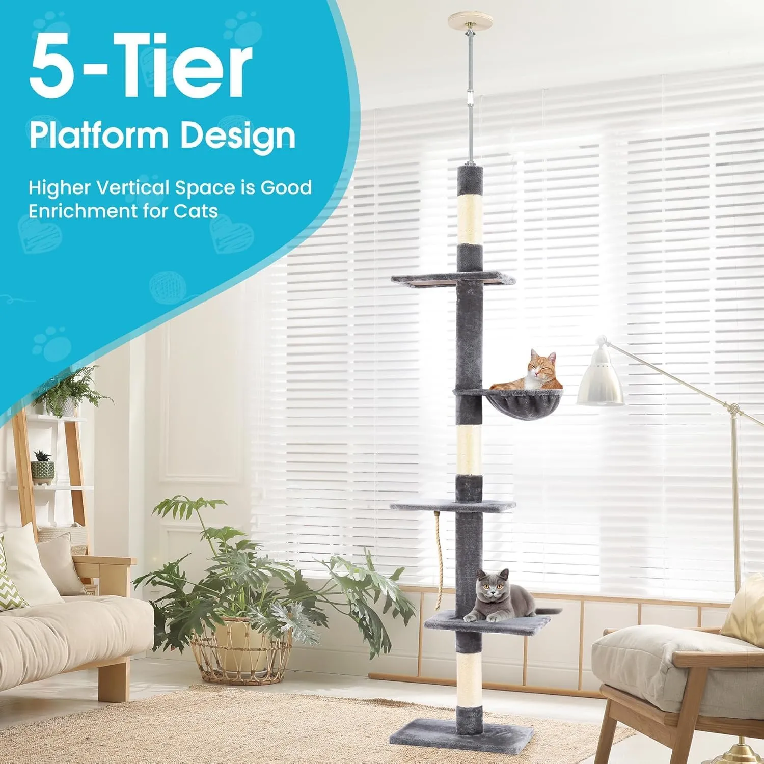 Cat Tree 5-Tier Floor to Ceiling Cat Tower with Cozy Hammock, 89-109 Inch Adjustable Height, Sisal Cat Scratching Post Provide Cats Vertical Enrichment to Jump and Climb, Darkgery