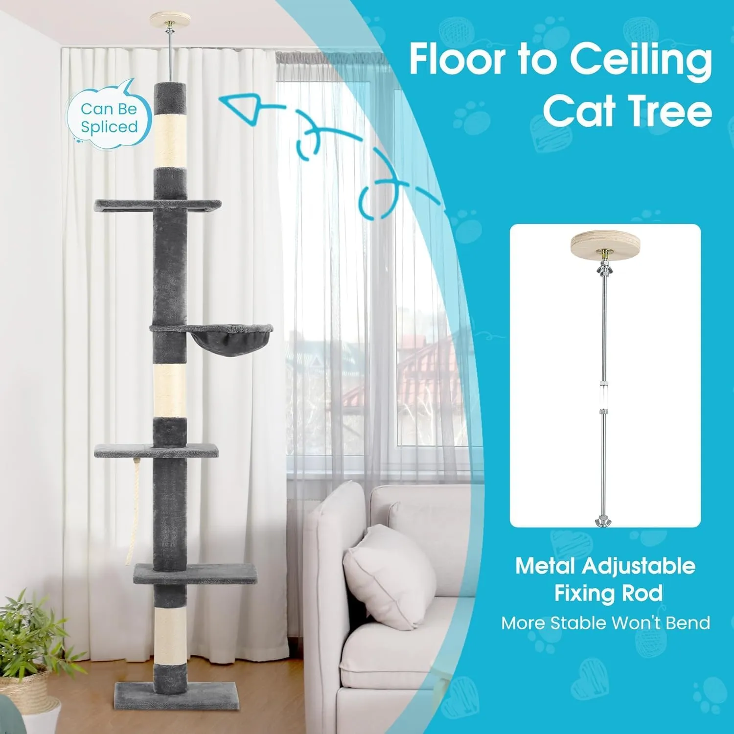 Cat Tree 5-Tier Floor to Ceiling Cat Tower with Cozy Hammock, 89-109 Inch Adjustable Height, Sisal Cat Scratching Post Provide Cats Vertical Enrichment to Jump and Climb, Darkgery