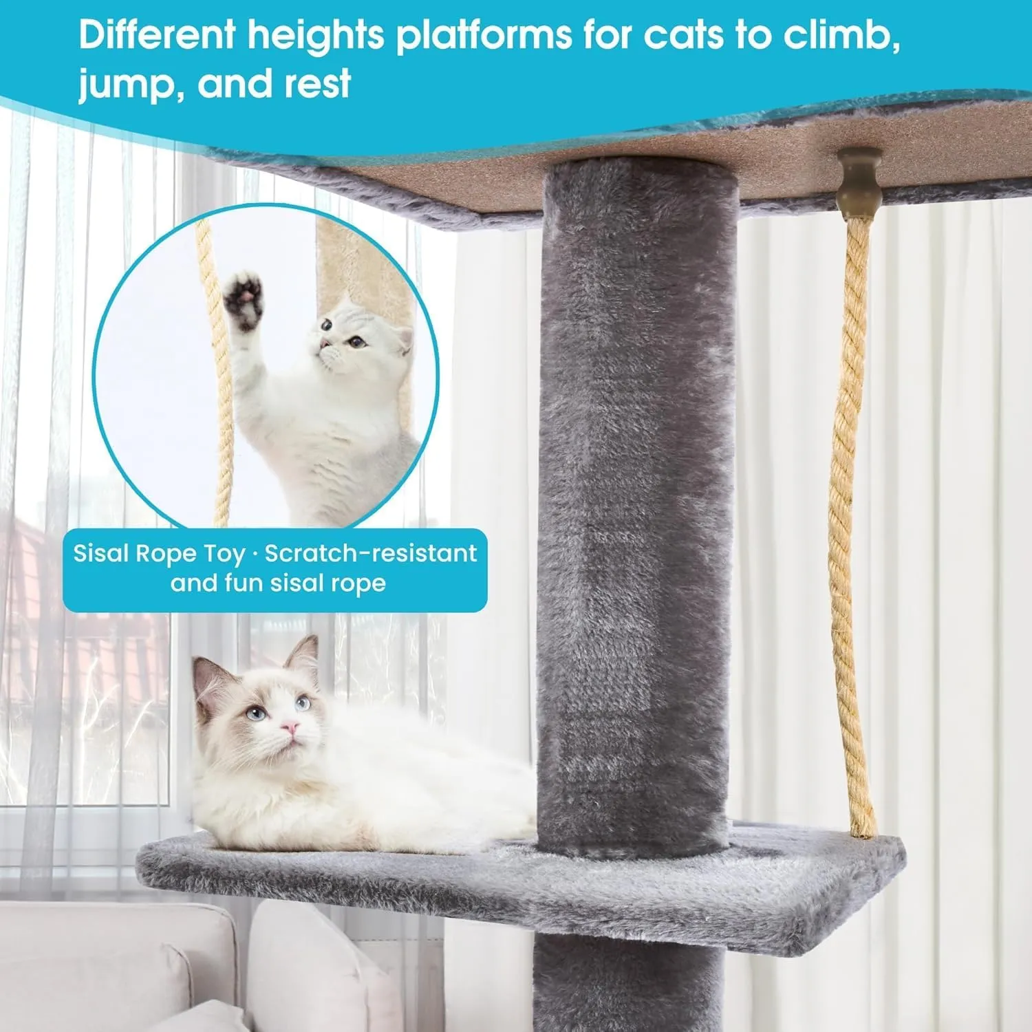 Cat Tree 5-Tier Floor to Ceiling Cat Tower with Cozy Hammock, 89-109 Inch Adjustable Height, Sisal Cat Scratching Post Provide Cats Vertical Enrichment to Jump and Climb, Darkgery
