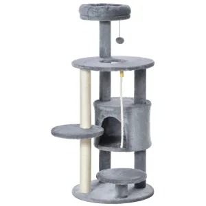 Cat Tree Tower 112cm Climbing Kitten Activity Center with Jute Scratching Post Perch Hanging Ball Toy Teasing Rope Dark grey