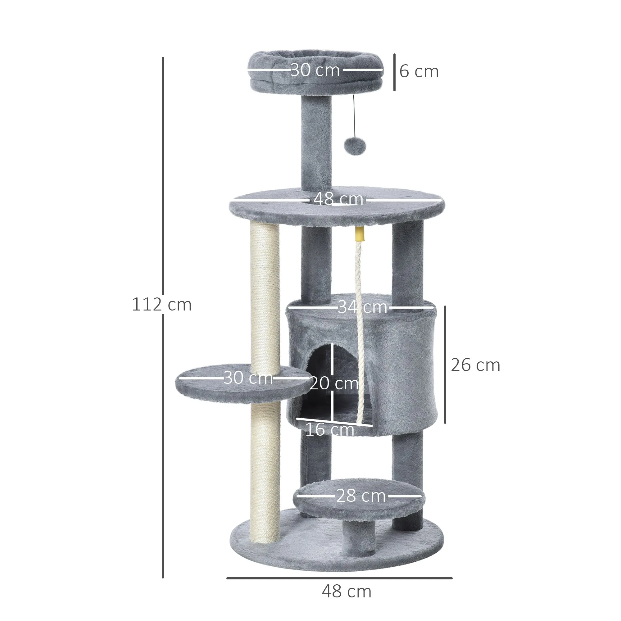 Cat Tree Tower 112cm Climbing Kitten Activity Center with Jute Scratching Post Perch Hanging Ball Toy Teasing Rope Dark grey
