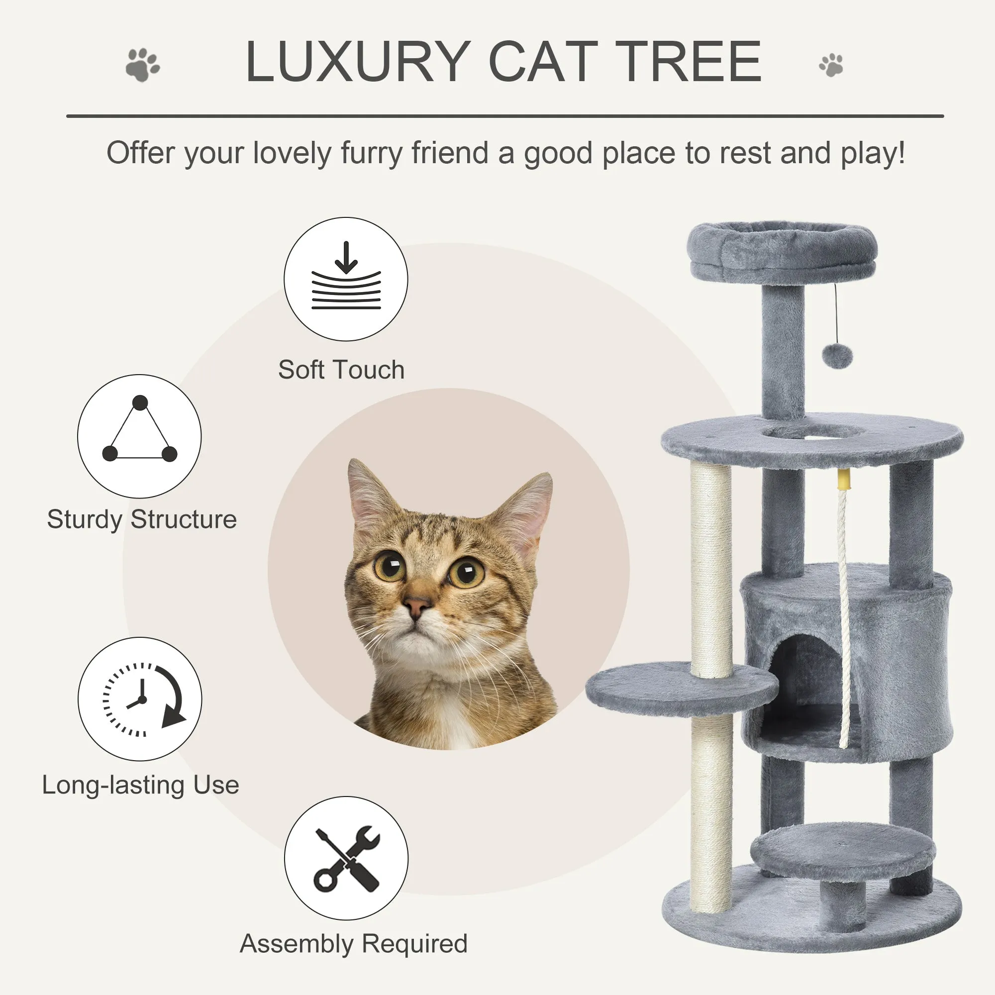 Cat Tree Tower 112cm Climbing Kitten Activity Center with Jute Scratching Post Perch Hanging Ball Toy Teasing Rope Dark grey