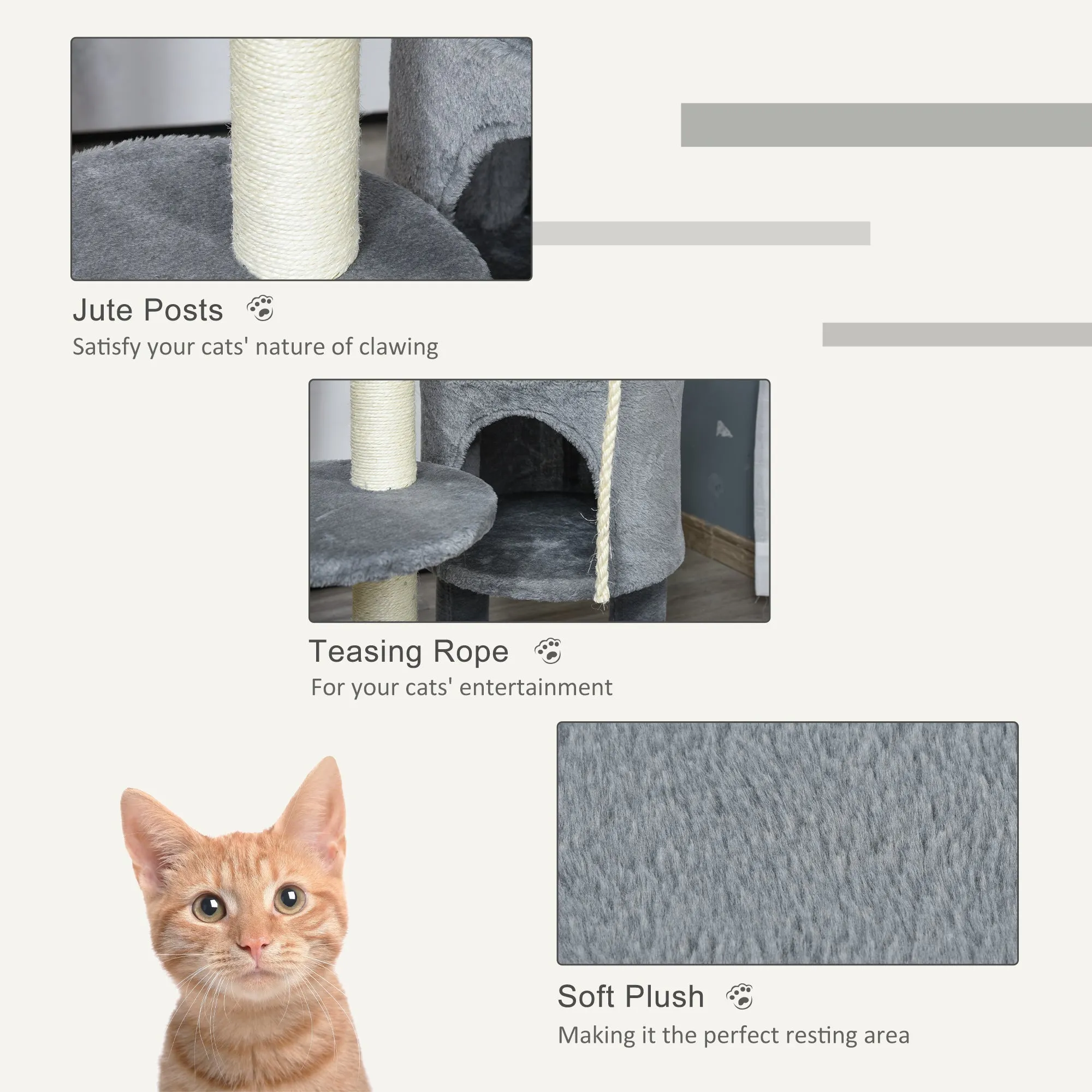 Cat Tree Tower 112cm Climbing Kitten Activity Center with Jute Scratching Post Perch Hanging Ball Toy Teasing Rope Dark grey
