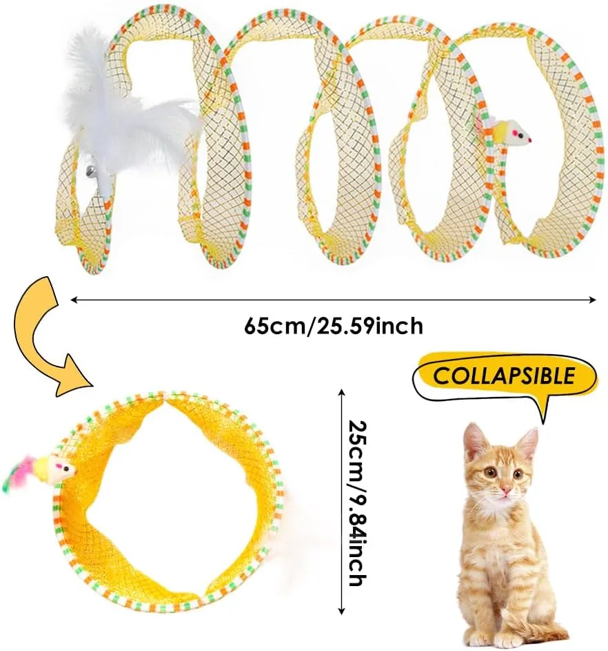 Cat Tunnel Spring Toy, 2 Pcs Self Play Cat Toys Collapsible, Hunting Spiral Tunnel with FeatherMouse Toys