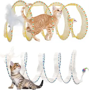 Cat Tunnel Spring Toy, 2 Pcs Self Play Cat Toys Collapsible, Hunting Spiral Tunnel with FeatherMouse Toys