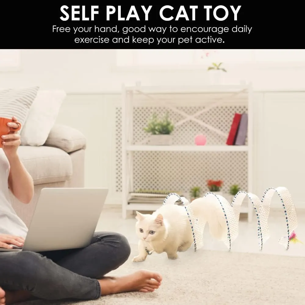 Cat Tunnel Spring Toy, 2 Pcs Self Play Cat Toys Collapsible, Hunting Spiral Tunnel with FeatherMouse Toys