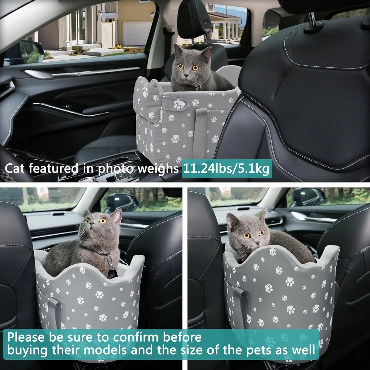 Cullaby Console Dog Car Seat With Safety Leashes for 0-15lbs Small Dogs, Pet Travel Booster With Storage Pockets and Detachable Seat Belt (Grey)