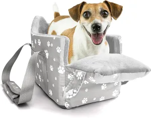 Cullaby Console Dog Car Seat With Safety Leashes for 0-15lbs Small Dogs, Pet Travel Booster With Storage Pockets and Detachable Seat Belt (Grey)