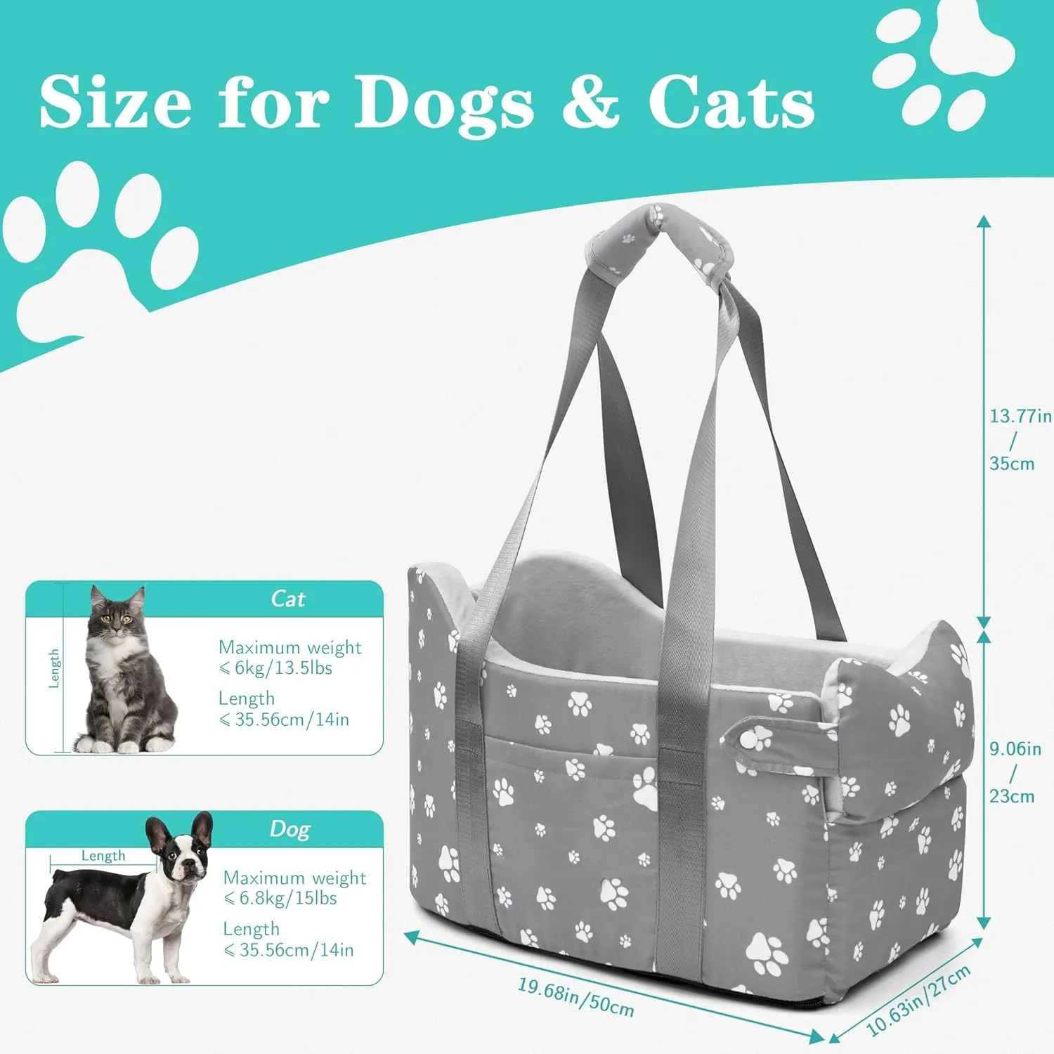 Cullaby Console Dog Car Seat With Safety Leashes for 0-15lbs Small Dogs, Pet Travel Booster With Storage Pockets and Detachable Seat Belt (Grey)