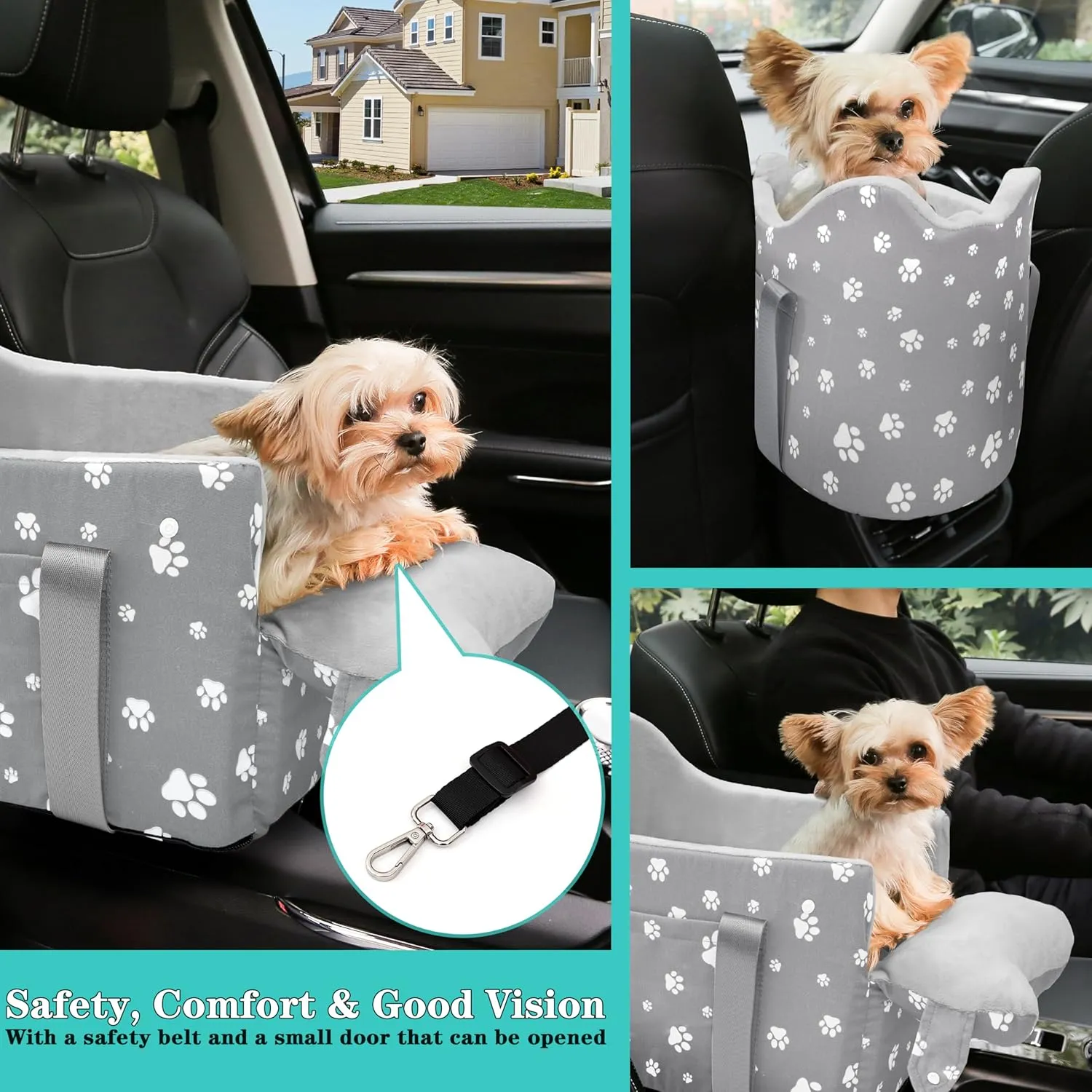 Cullaby Console Dog Car Seat With Safety Leashes for 0-15lbs Small Dogs, Pet Travel Booster With Storage Pockets and Detachable Seat Belt (Grey)