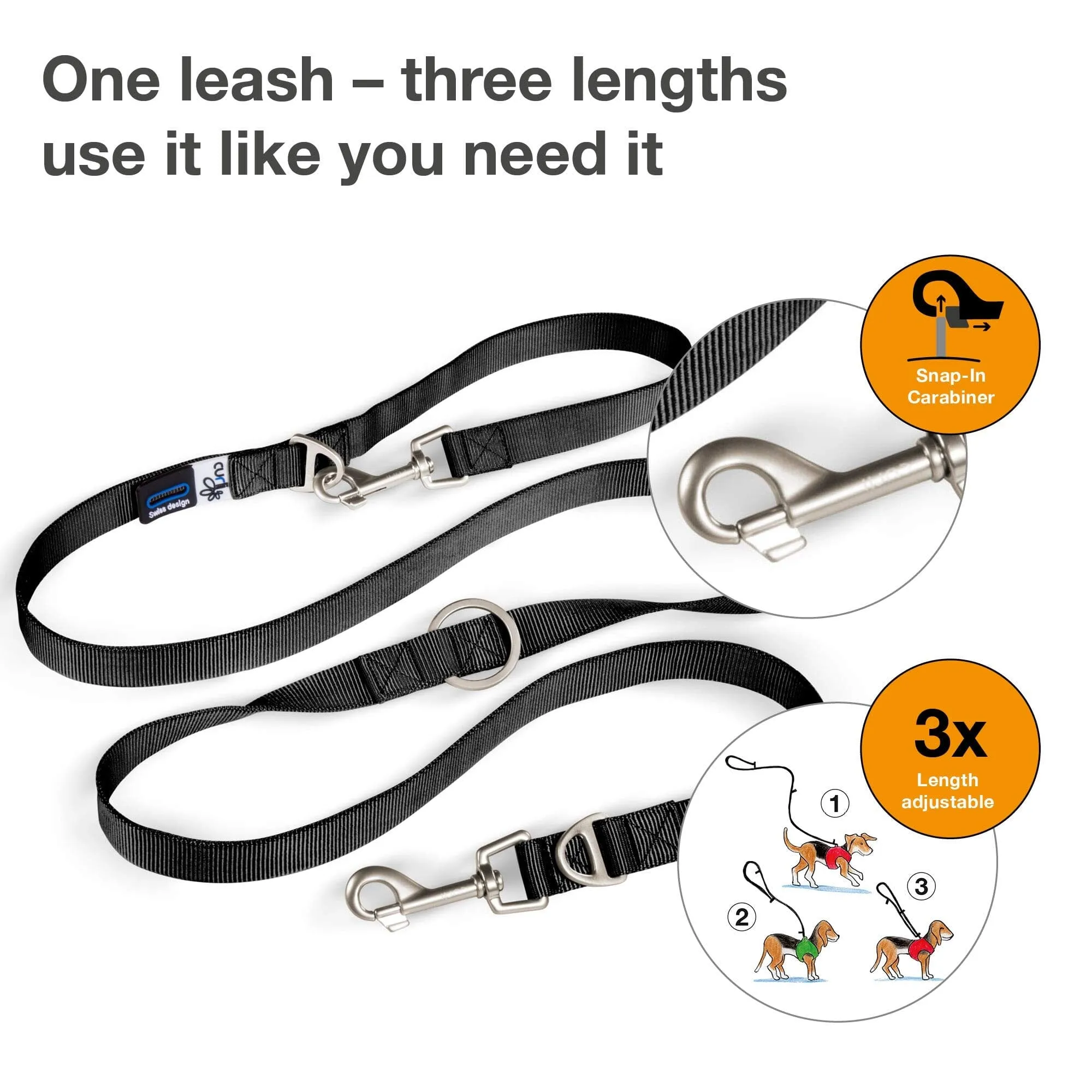 Curli Adjustable Nylon Dog Leash - Black - Medium