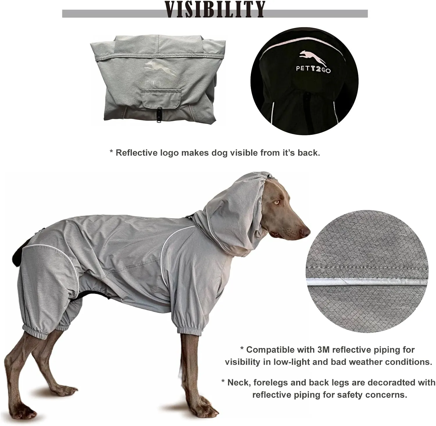 Dog Lightweight Windbreaker, Pet Outdoor Sports Jacket, 0.5 lbs,3 in One, Hooded, Easy on/Off with Collar and Harness, Reflective Piping, Packable, Dog Hiking/Camping, Grey (XXX-Large)