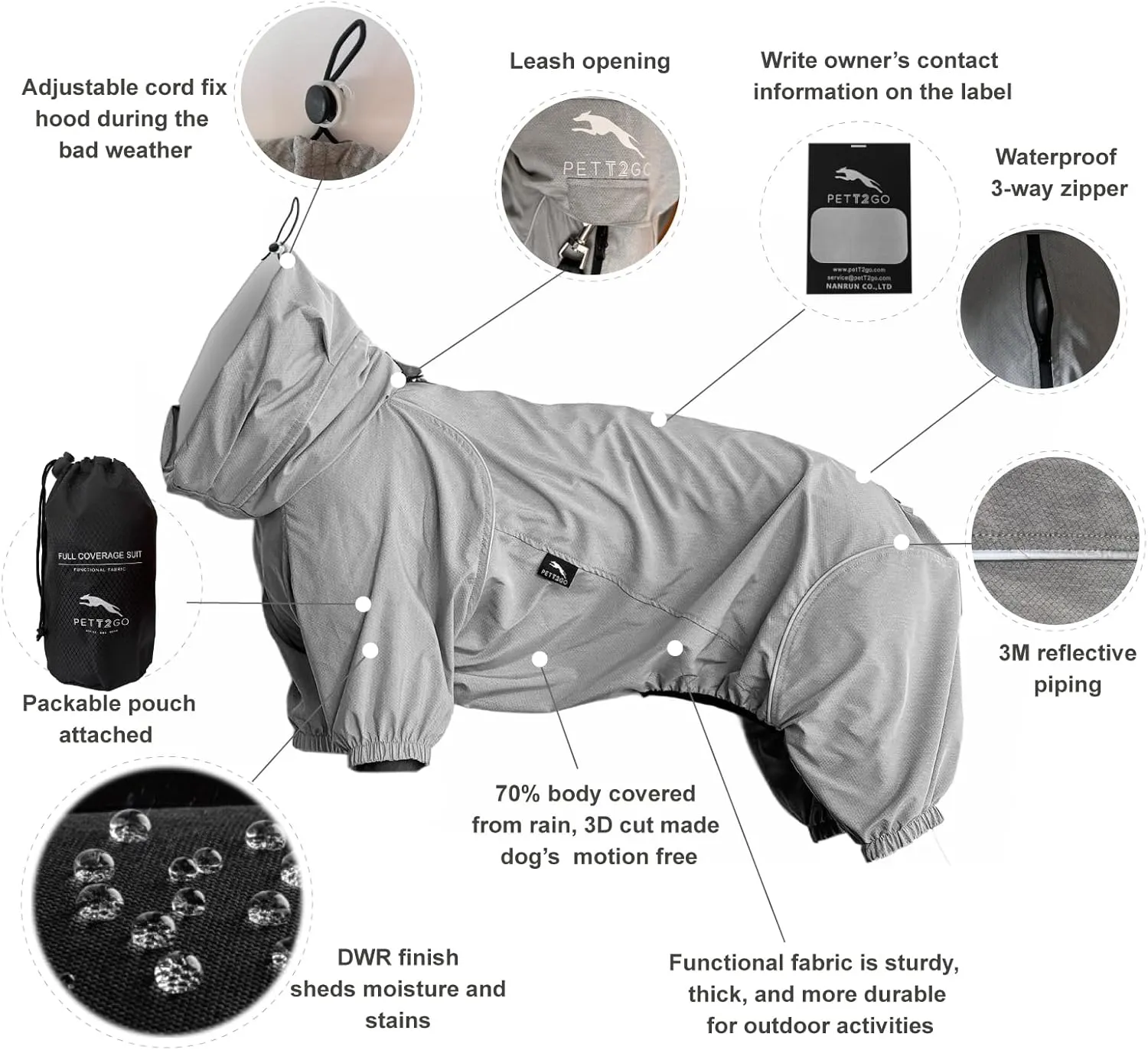 Dog Lightweight Windbreaker, Pet Outdoor Sports Jacket, 0.5 lbs,3 in One, Hooded, Easy on/Off with Collar and Harness, Reflective Piping, Packable, Dog Hiking/Camping, Grey (XXX-Large)