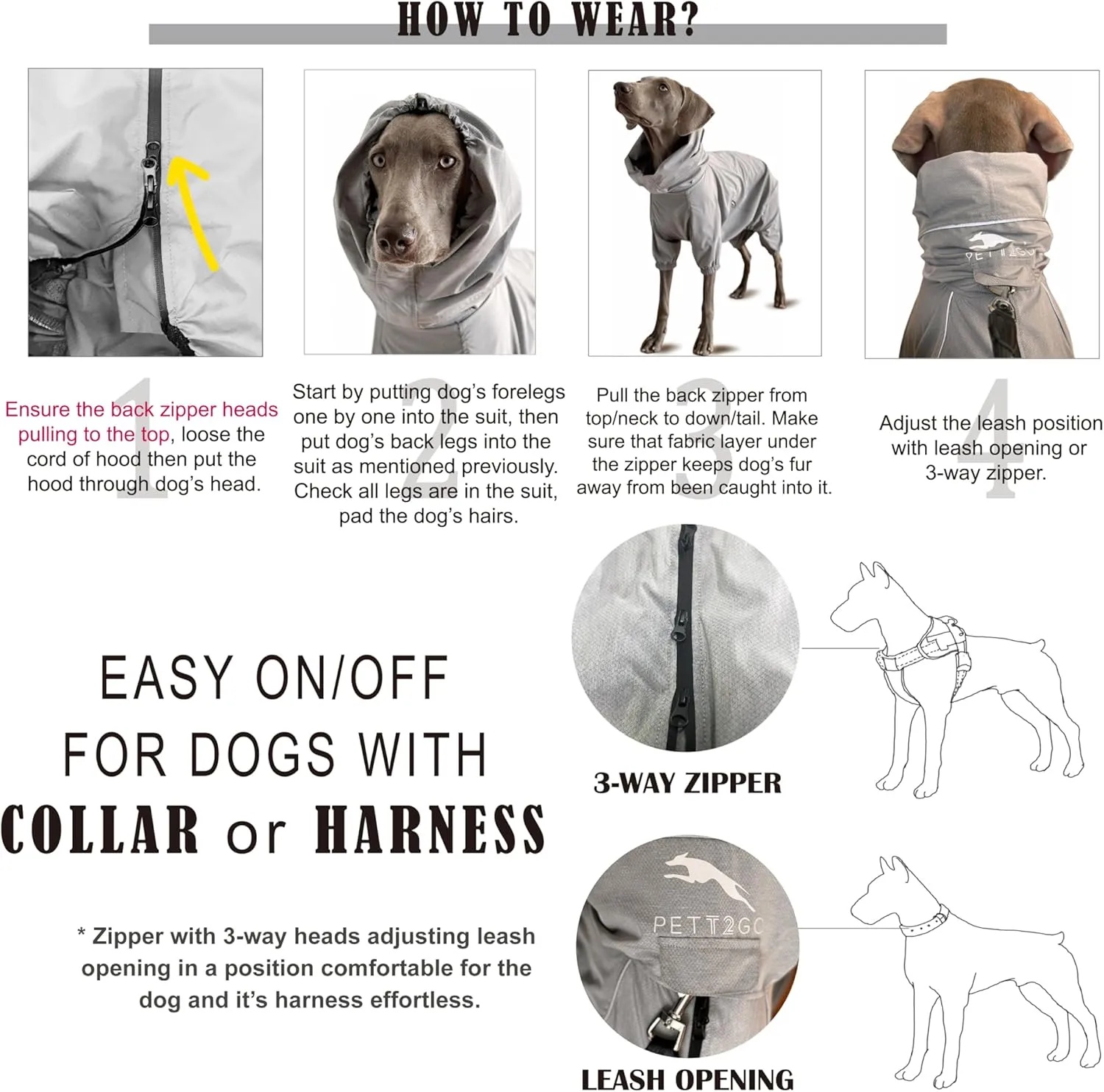 Dog Lightweight Windbreaker, Pet Outdoor Sports Jacket, 0.5 lbs,3 in One, Hooded, Easy on/Off with Collar and Harness, Reflective Piping, Packable, Dog Hiking/Camping, Grey (XXX-Large)
