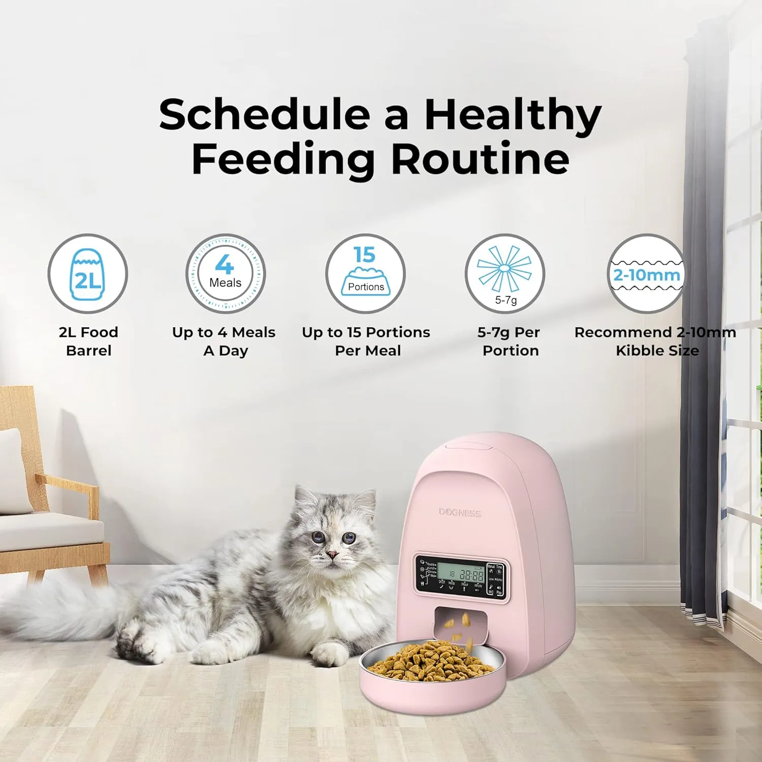 Dogness Timed Cat Feeder, 2L Automatic Dog Feeder with Timer Auto Pet Food Dispenser for Kitten Puppy, Timed Dog Feeder Easy Portion Control Voice Recording (Pink)