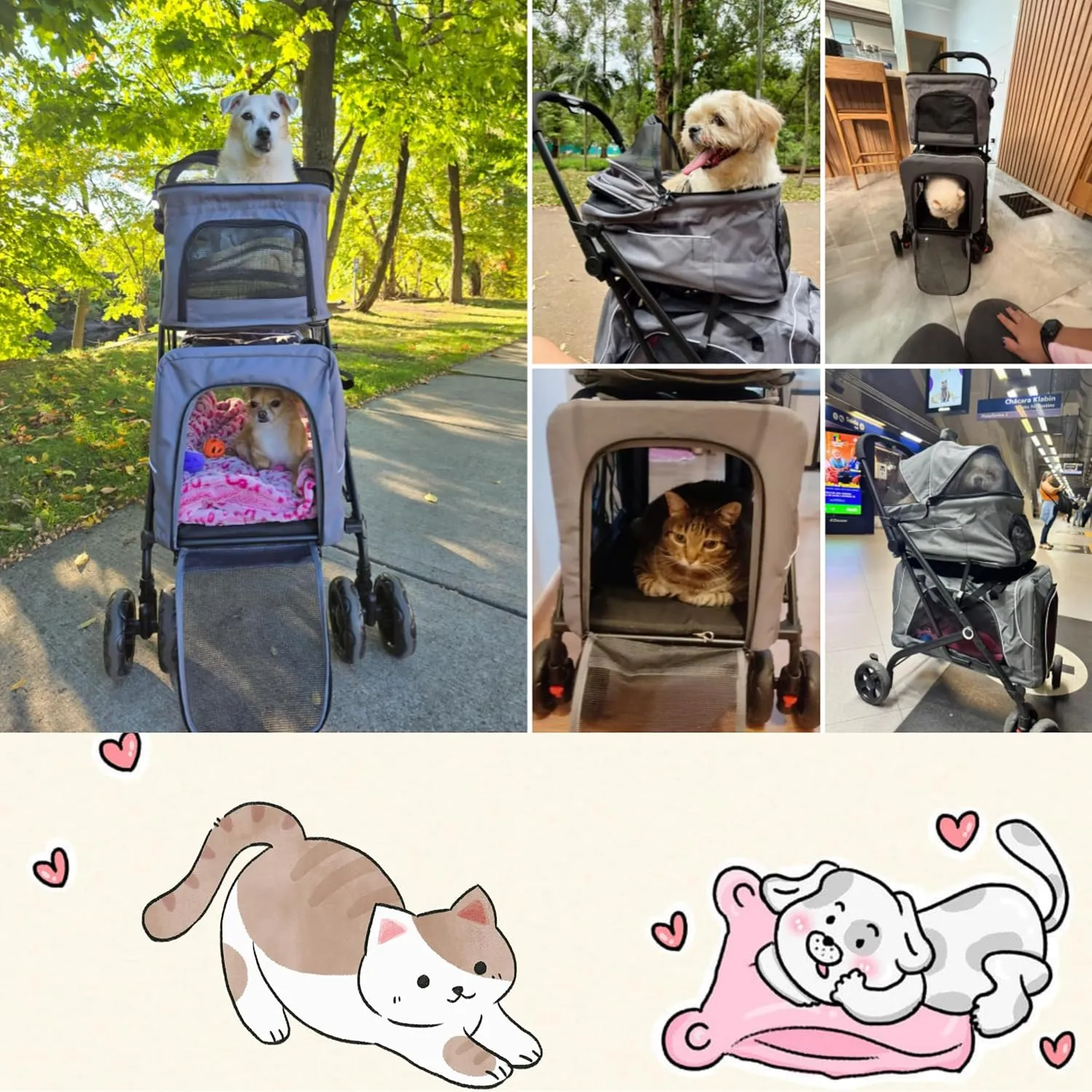 Double Dog Stroller, Foldable 3-in-1 Cat Strollers with 2 Detachable Carriers, Safety Belt, Washable Cover, Removable Pads, 4 Wheels Travel Pet Stroller for Small Medium Dogs(Grey)