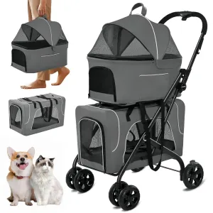 Double Dog Stroller, Foldable 3-in-1 Cat Strollers with 2 Detachable Carriers, Safety Belt, Washable Cover, Removable Pads, 4 Wheels Travel Pet Stroller for Small Medium Dogs(Grey)