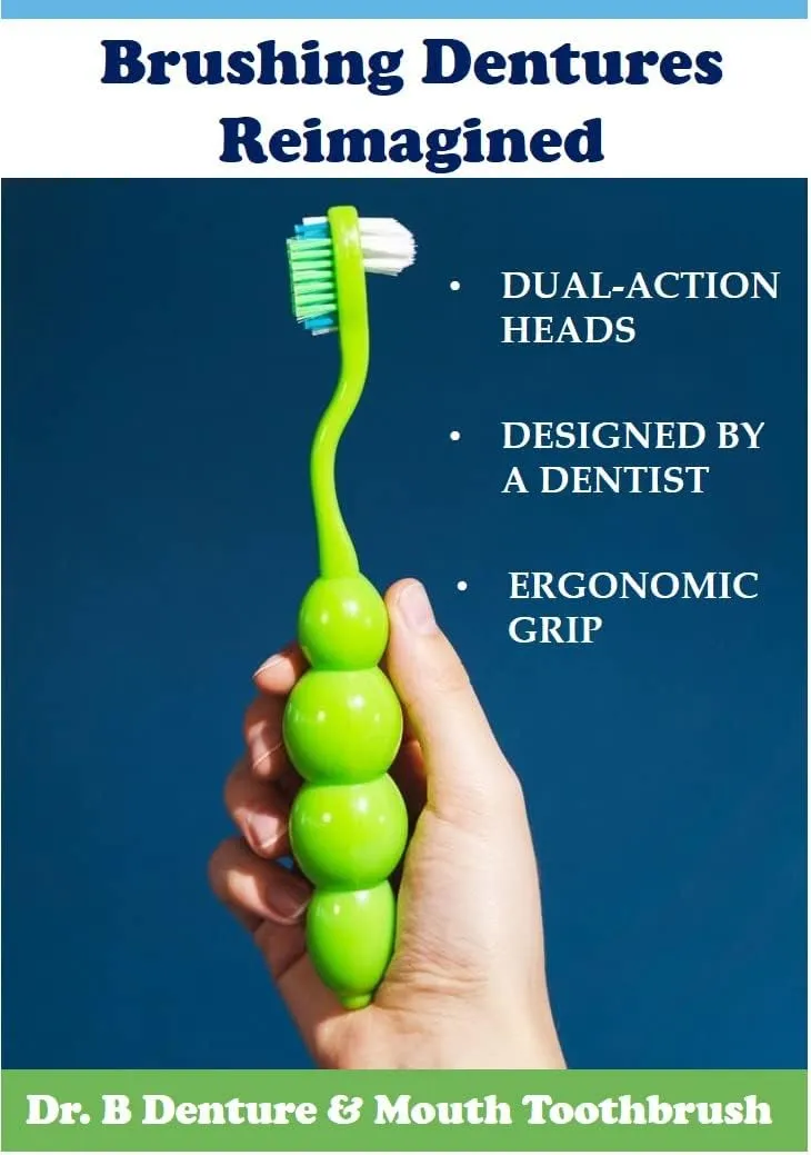 Dr. B Dental Solutions Ergonomic Denture Toothbrush Extra Soft Bristles, Removes Stains & Odor Precision Design for Implants & Overdentures Single Blue Pack