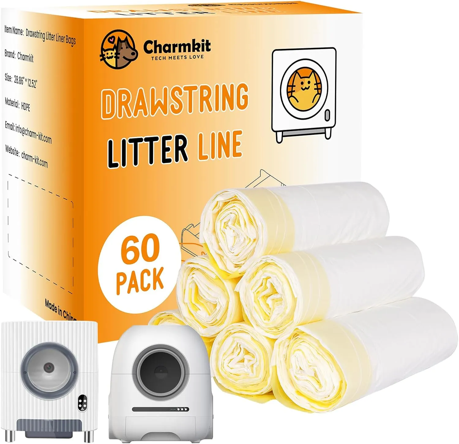 Drawstring Litter Box Liner Bag 60 Pack,Automatic Cat Litter Box Trash Bags for Self Cleaning Cat litter Box Drawer Liners